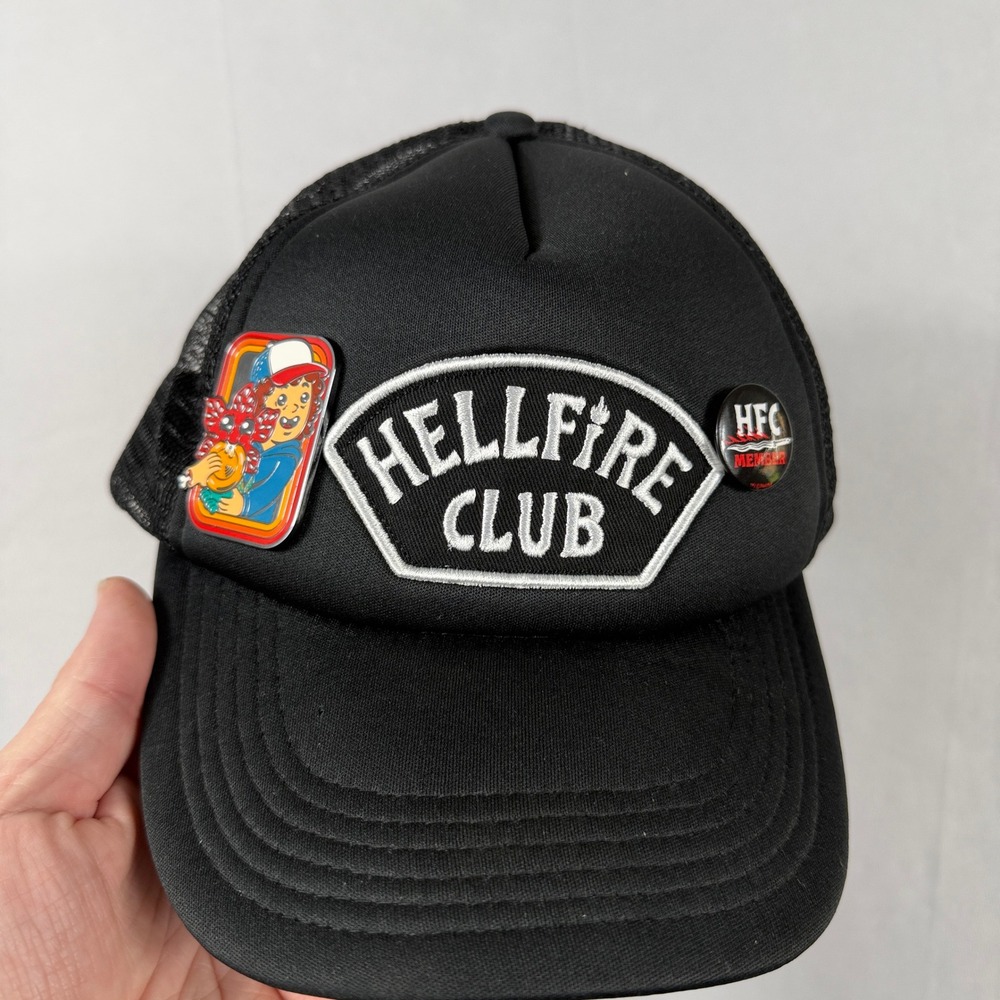 Stranger‎ Things Hellfire Club Trucker Hat Dustin Pins Snapback OSFM Black Mesh